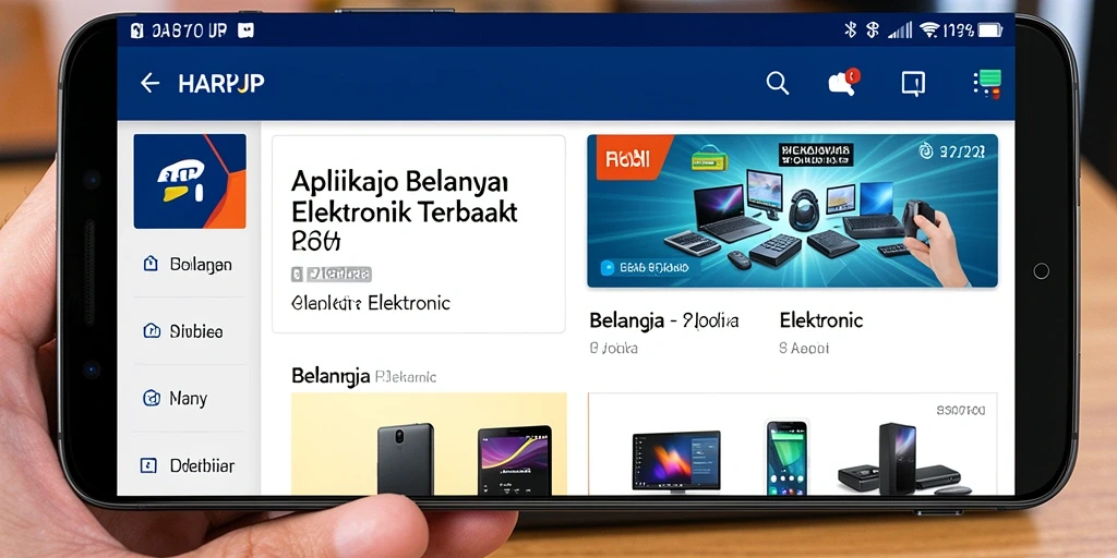 Screenshot antarmuka aplikasi HARAPJP menampilkan fitur belanja Elektronik.